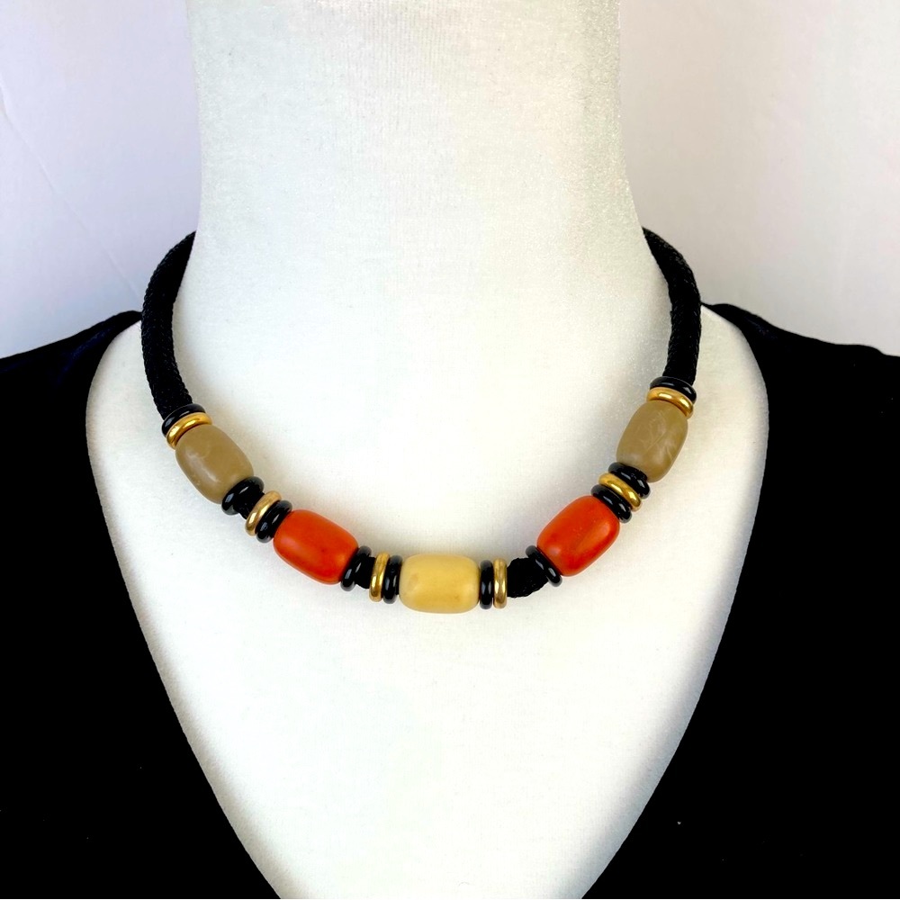 Vintage Sarah Coventry Black Rope Earth-tone Beaded Choker Necklace 1970s